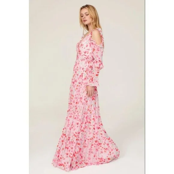 Mac Duggal Ieena Floral Gown 6 Backless Plunge Tiered Ruffled Coquette Twee - Picture 2 of 14